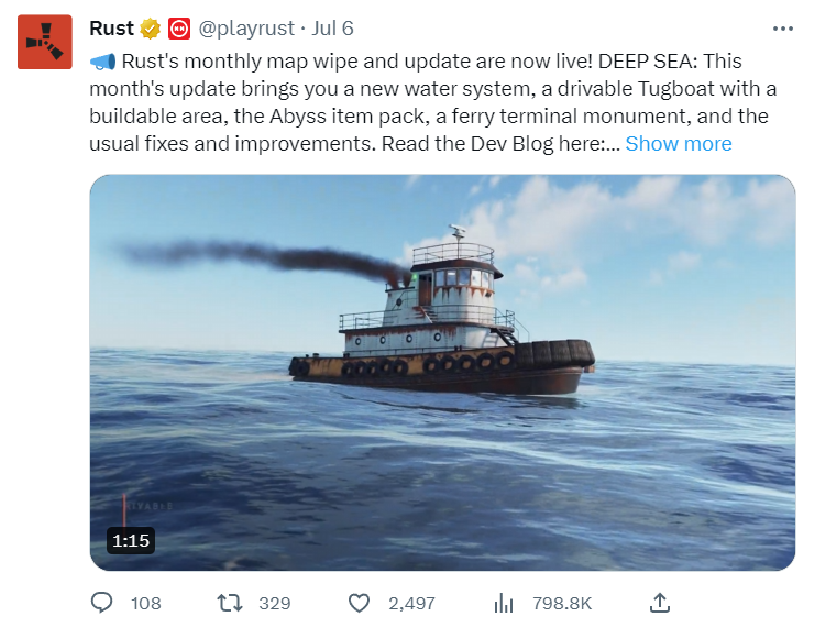 Playrust client update confirmation Twitter post