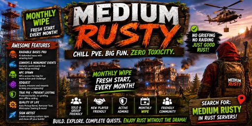 Medium Rusty PvE | Monthly Wipe | Raidable Bases | Quests